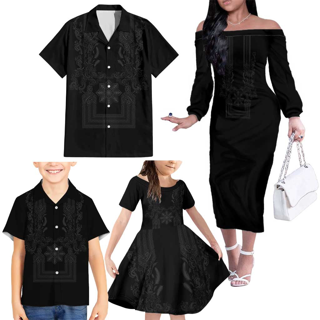 Philippines Barong Style Family Matching Off The Shoulder Long Sleeve Dress and Hawaiian Shirt with Polynesian Art and Leaf Motif Black Color LT03 - Polynesian Pride