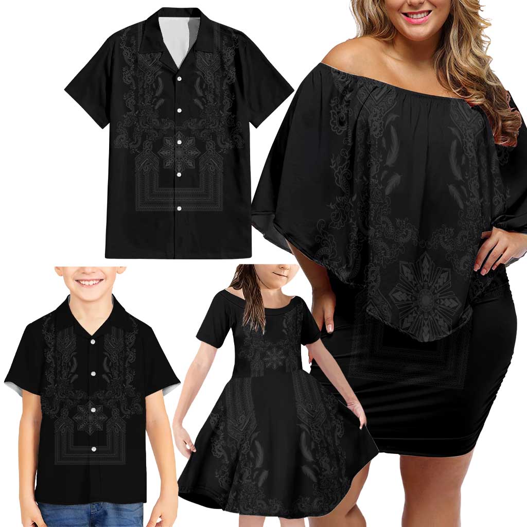 Philippines Barong Style Family Matching Off Shoulder Short Dress and Hawaiian Shirt with Polynesian Art and Leaf Motif Black Color LT03 - Polynesian Pride