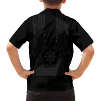 Philippines Barong Style Family Matching Puletasi and Hawaiian Shirt with Polynesian Art and Leaf Motif Black Color