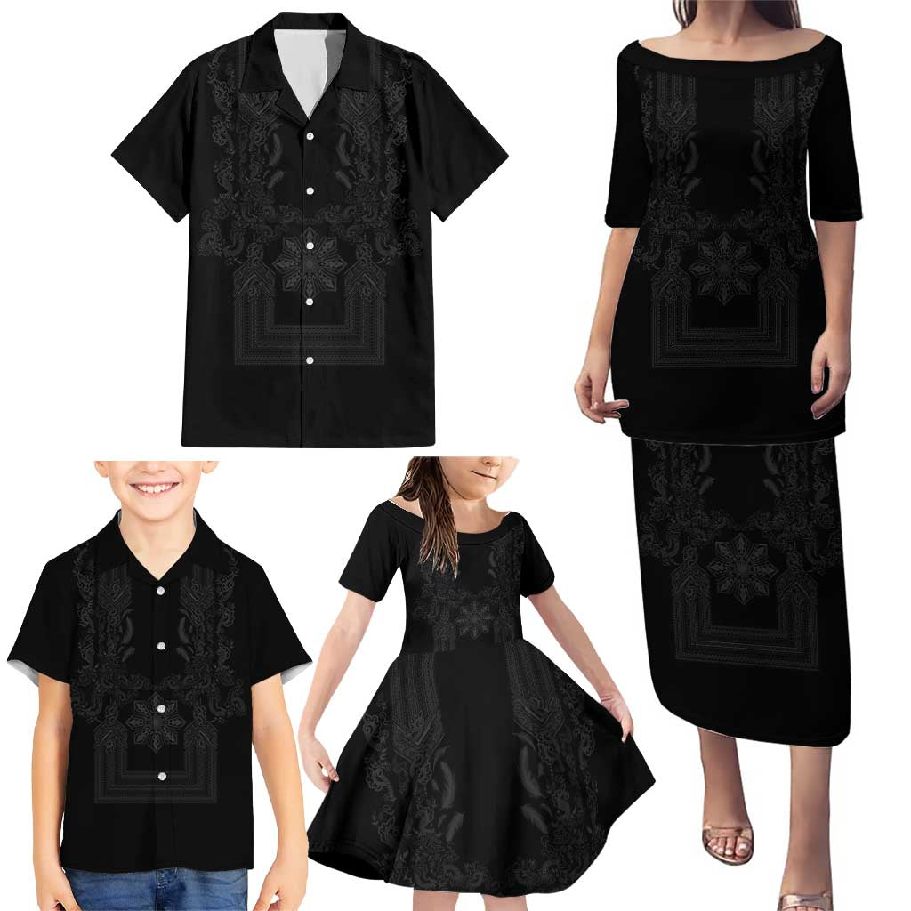 Philippines Barong Style Family Matching Puletasi and Hawaiian Shirt with Polynesian Art and Leaf Motif Black Color