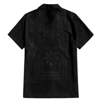Philippines Barong Style Family Matching Puletasi and Hawaiian Shirt with Polynesian Art and Leaf Motif Black Color