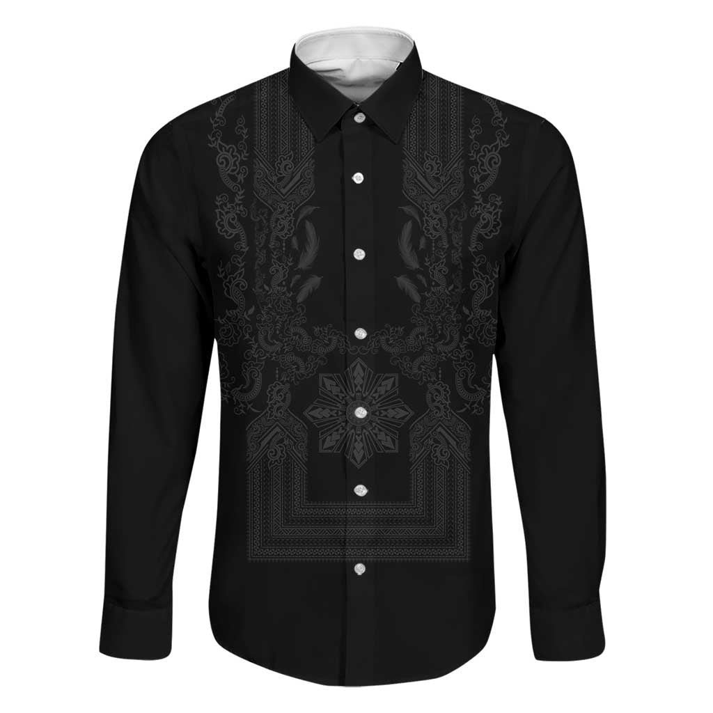 Philippines Barong Style Family Matching Puletasi and Hawaiian Shirt with Polynesian Art and Leaf Motif Black Color