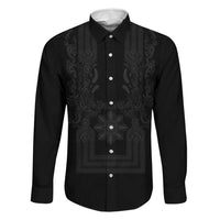 Philippines Barong Style Family Matching Puletasi and Hawaiian Shirt with Polynesian Art and Leaf Motif Black Color