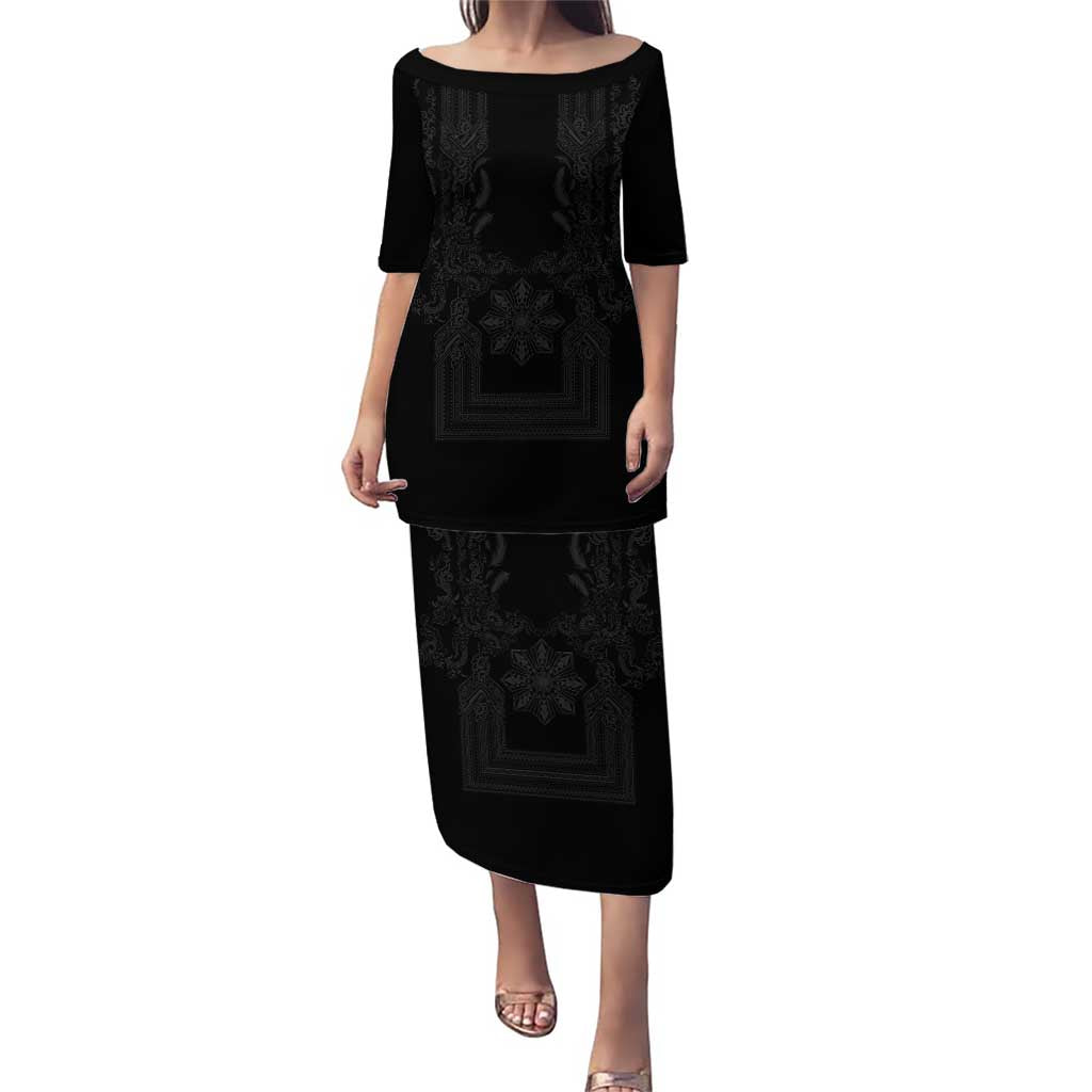 Philippines Barong Style Family Matching Puletasi and Hawaiian Shirt with Polynesian Art and Leaf Motif Black Color