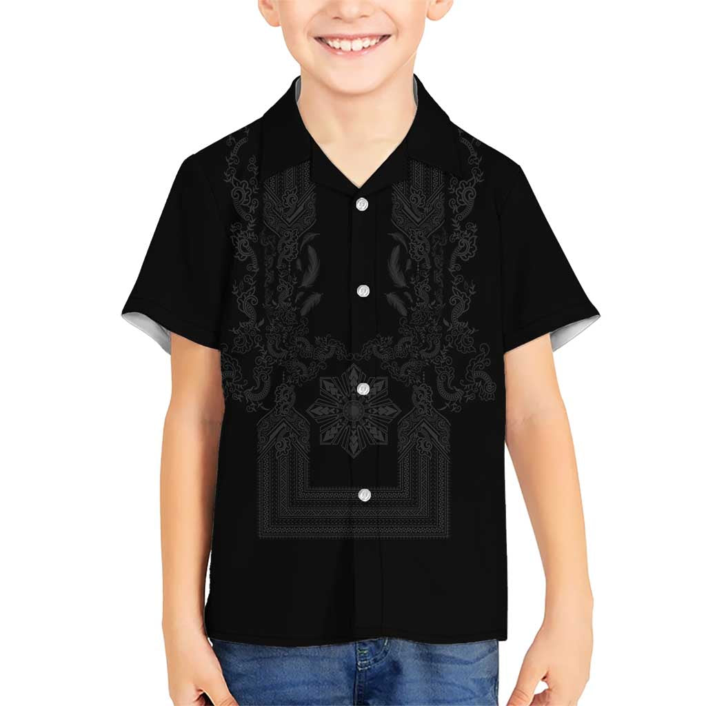 Philippines Barong Style Family Matching Puletasi and Hawaiian Shirt with Polynesian Art and Leaf Motif Black Color