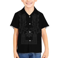 Philippines Barong Style Family Matching Puletasi and Hawaiian Shirt with Polynesian Art and Leaf Motif Black Color