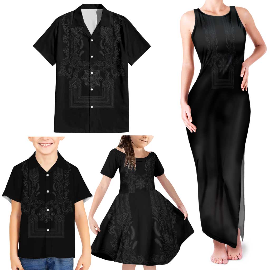 Philippines Barong Style Family Matching Tank Maxi Dress and Hawaiian Shirt with Polynesian Art and Leaf Motif Black Color LT03 - Polynesian Pride