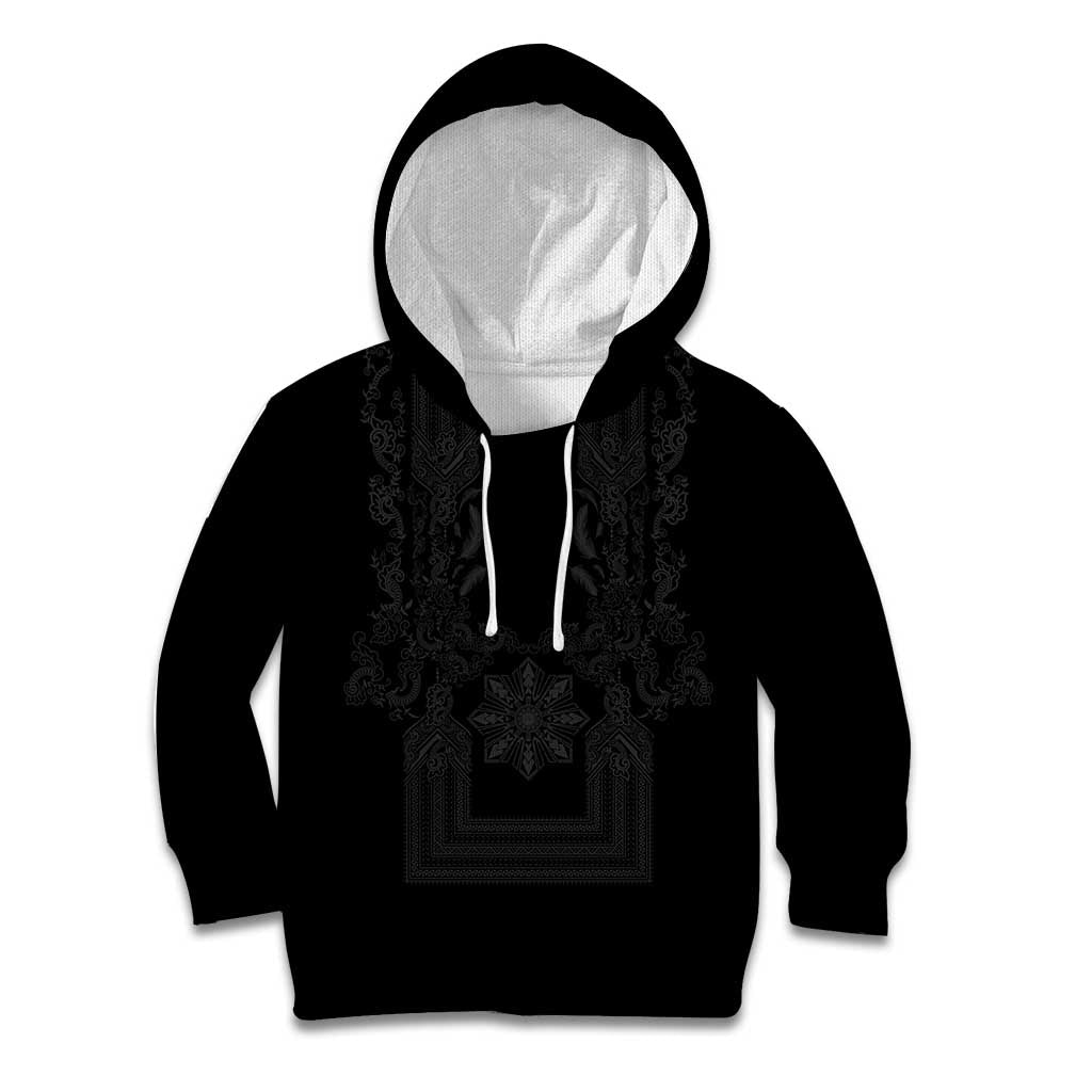 Philippines Barong Style Kid Hoodie with Polynesian Art and Leaf Motif Black Color