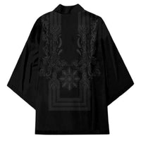 Philippines Barong Style Kimono with Polynesian Art and Leaf Motif Black Color