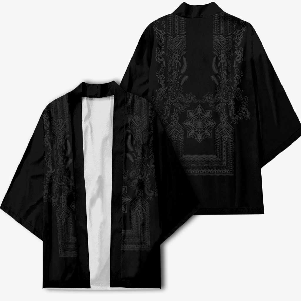 Philippines Barong Style Kimono with Polynesian Art and Leaf Motif Black Color