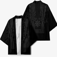 Philippines Barong Style Kimono with Polynesian Art and Leaf Motif Black Color