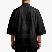 Philippines Barong Style Kimono with Polynesian Art and Leaf Motif Black Color