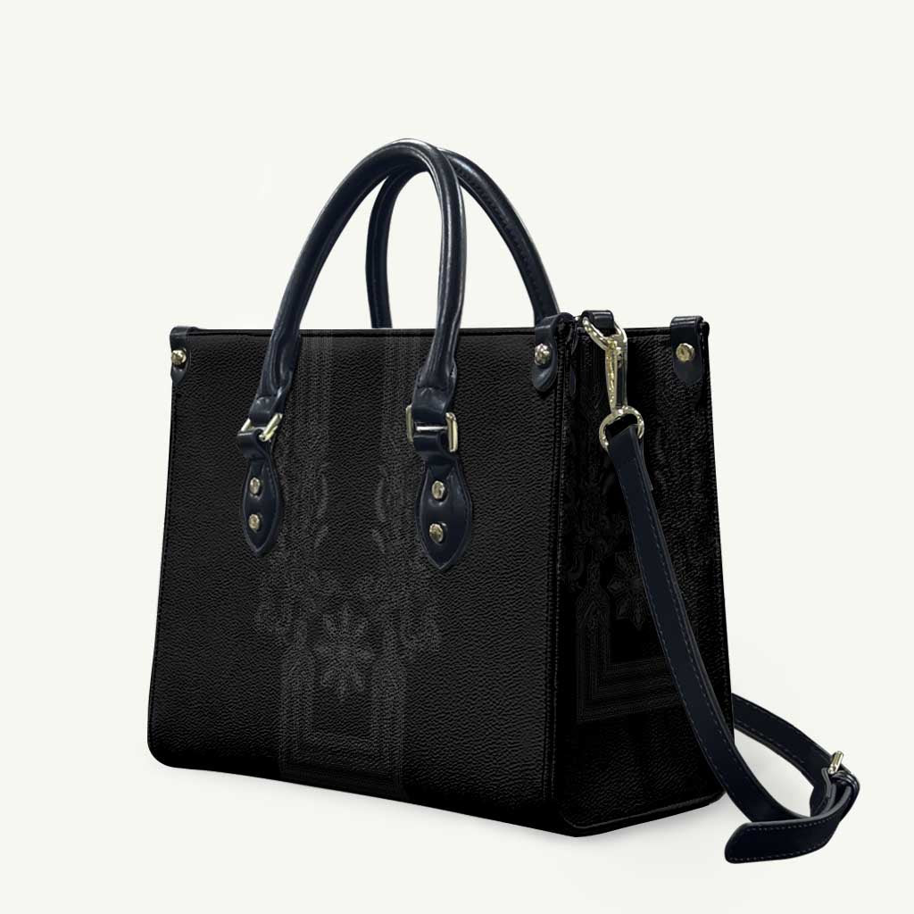 Philippines Barong Style Leather Bag with Polynesian Art and Leaf Motif Black Color