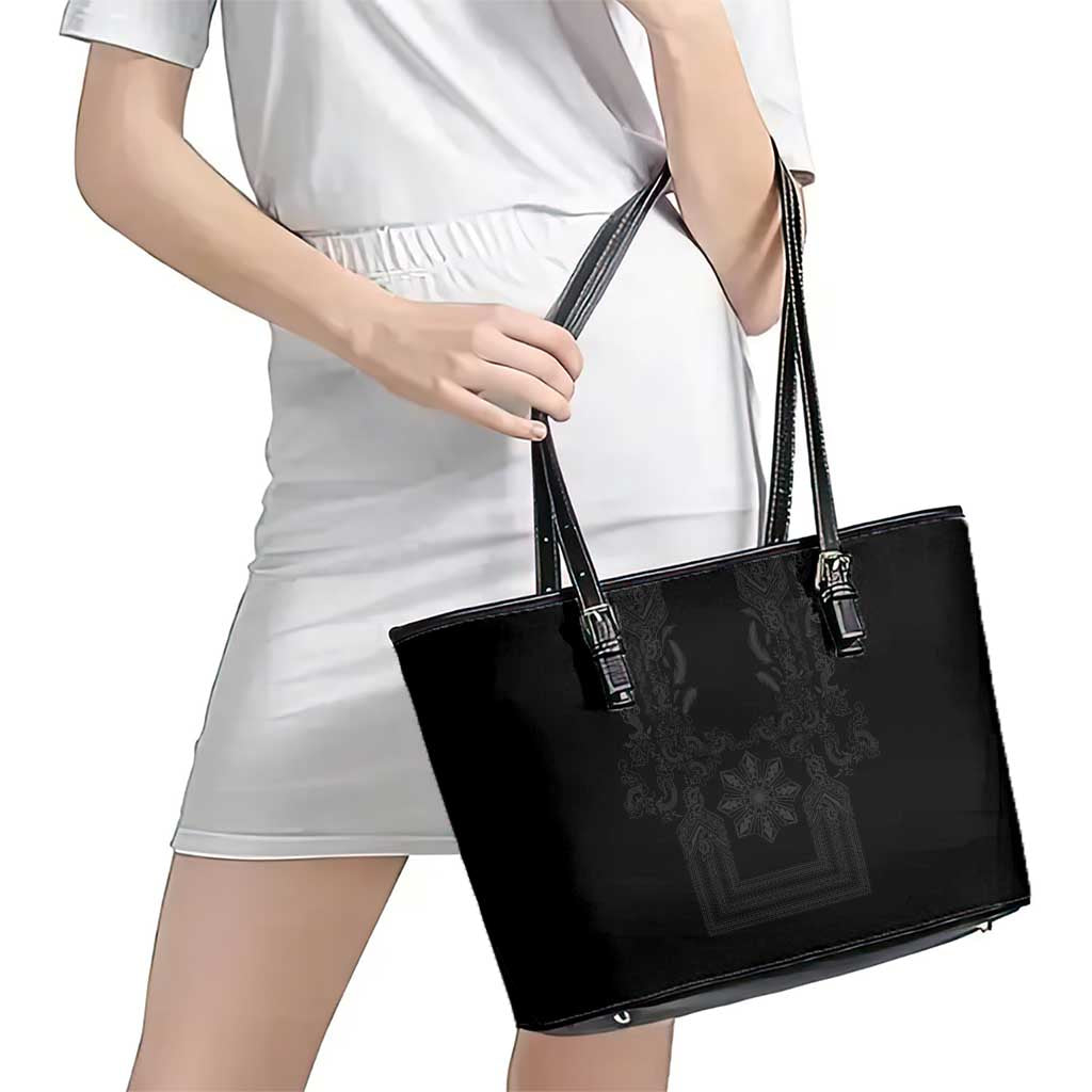 Philippines Barong Style Leather Tote Bag with Polynesian Art and Leaf Motif Black Color LT03 - Polynesian Pride