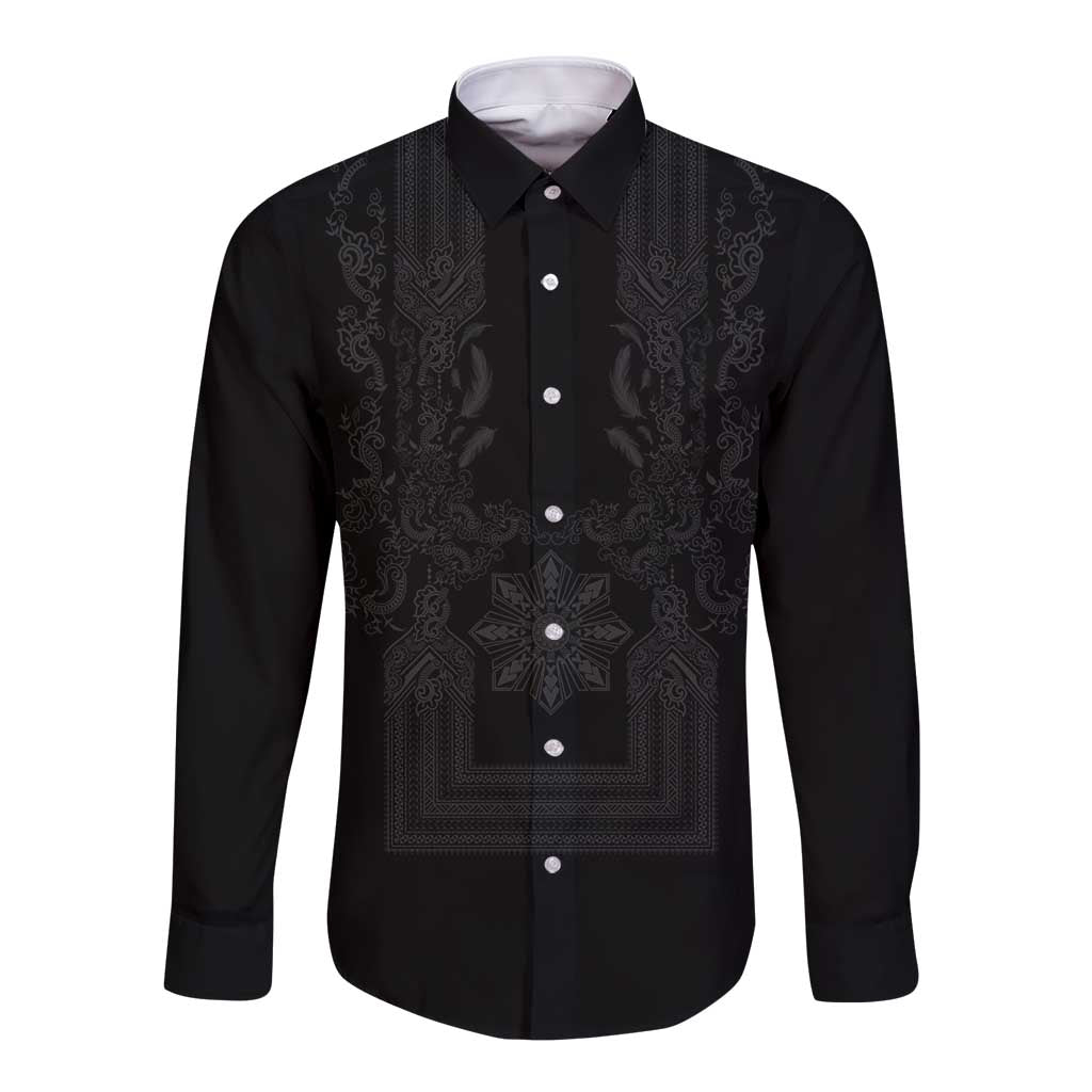 Philippines Barong Style Long Sleeve Button Shirt with Polynesian Art and Leaf Motif Black Color