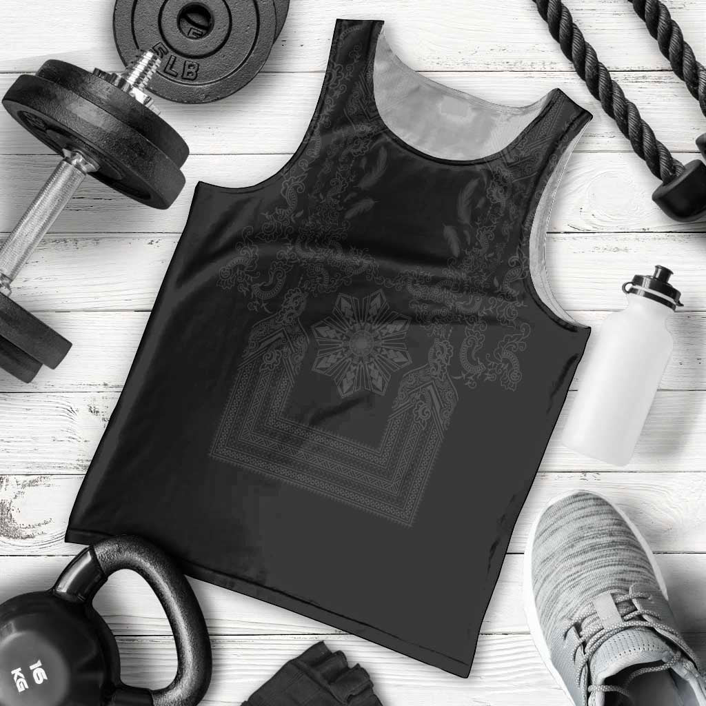 Philippines Barong Style Men Tank Top with Polynesian Art and Leaf Motif Black Color LT03 - Polynesian Pride