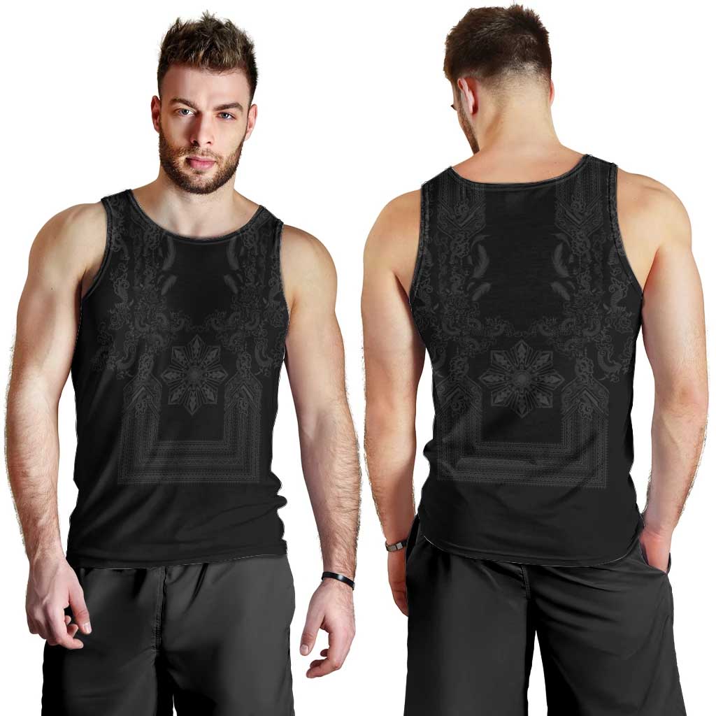 Philippines Barong Style Men Tank Top with Polynesian Art and Leaf Motif Black Color LT03 - Polynesian Pride