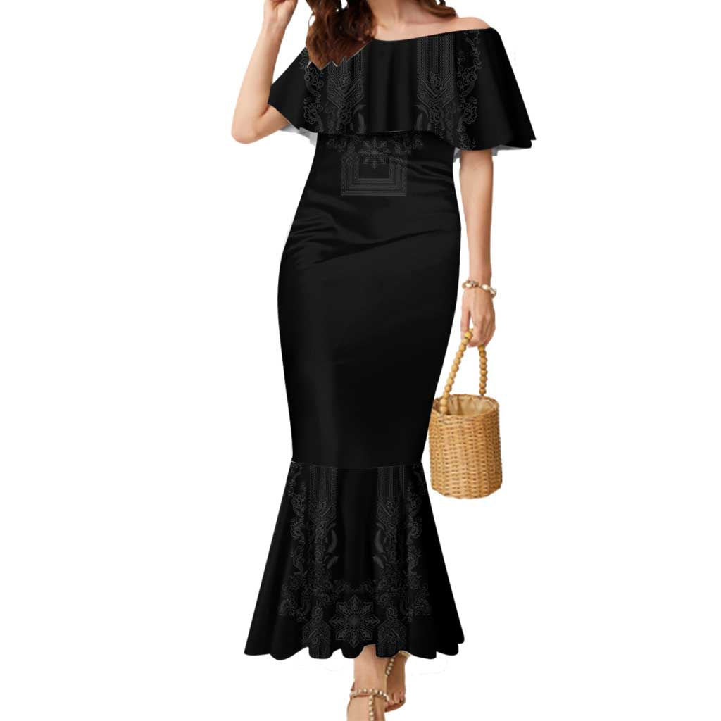 Philippines Barong Style Mermaid Dress with Polynesian Art and Leaf Motif Black Color LT03 Women Black - Polynesian Pride