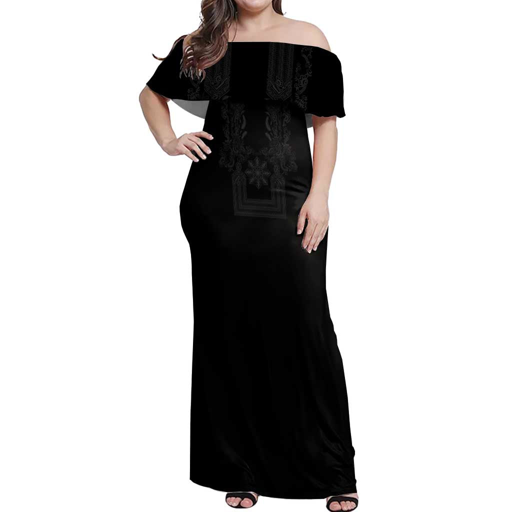 Philippines Barong Style Off Shoulder Maxi Dress with Polynesian Art and Leaf Motif Black Color LT03 Women Black - Polynesian Pride