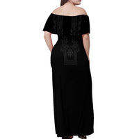 Philippines Barong Style Off Shoulder Maxi Dress with Polynesian Art and Leaf Motif Black Color LT03 - Polynesian Pride