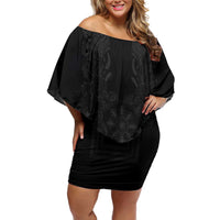 Philippines Barong Style Off Shoulder Short Dress with Polynesian Art and Leaf Motif Black Color LT03 Women Black - Polynesian Pride