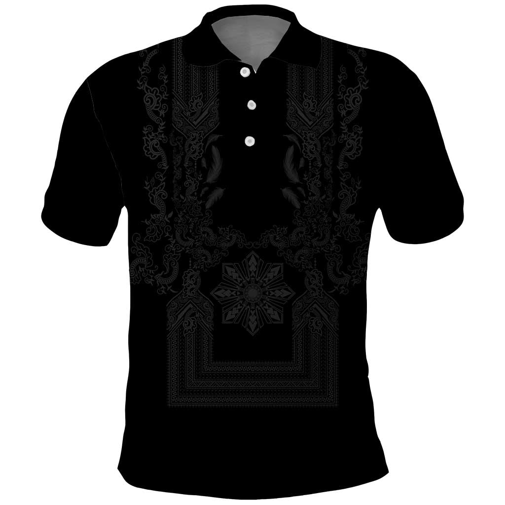 Philippines Barong Style Polo Shirt with Polynesian Art and Leaf Motif Black Color