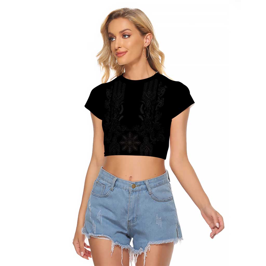 Philippines Barong Style Raglan Cropped T Shirt with Polynesian Art and Leaf Motif Black Color