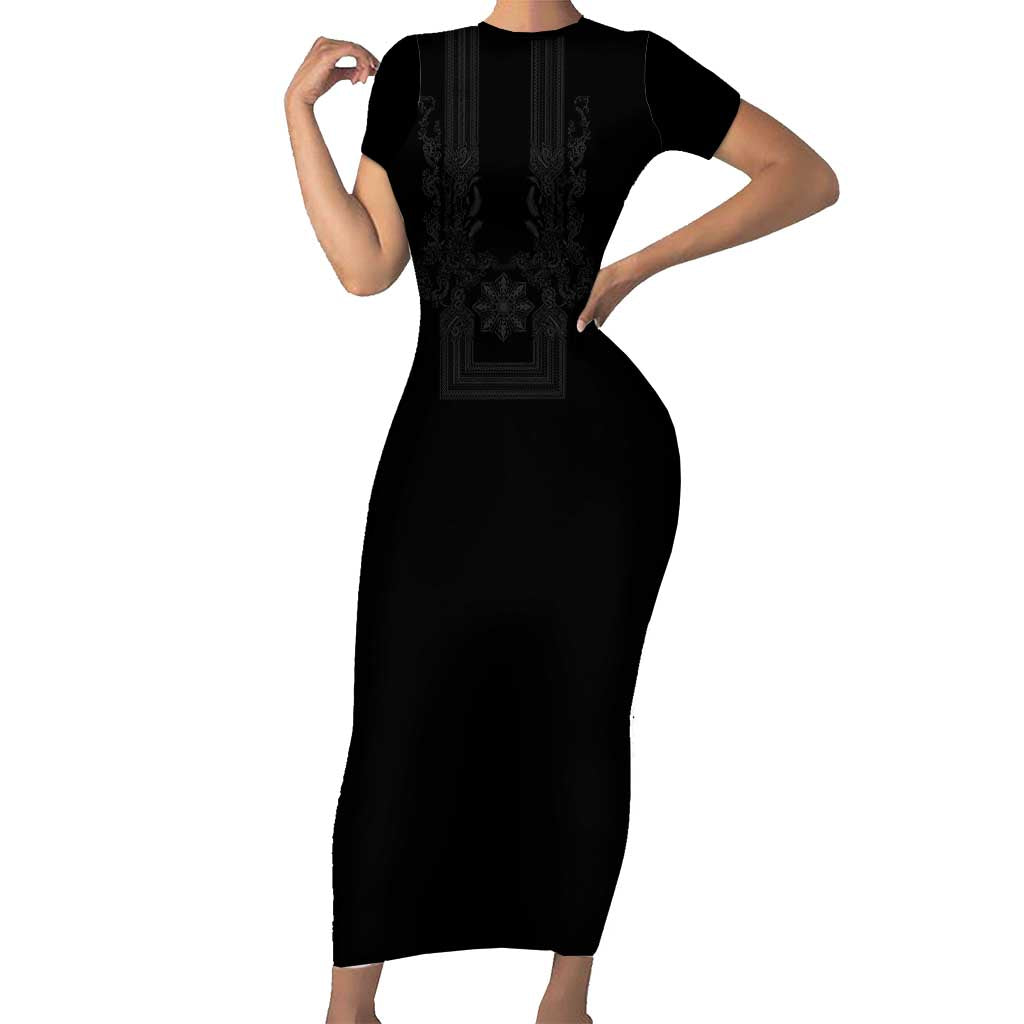 Philippines Barong Style Short Sleeve Bodycon Dress with Polynesian Art and Leaf Motif Black Color