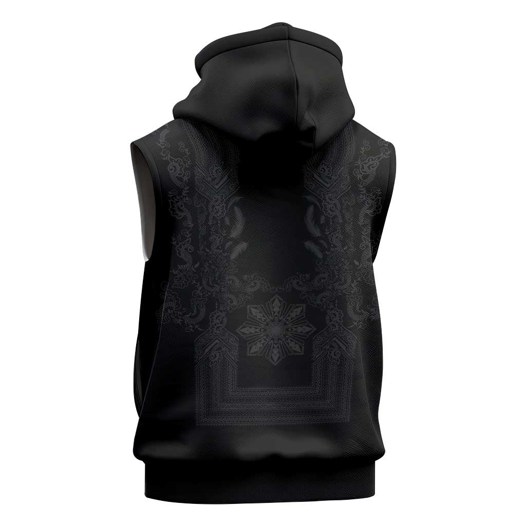 Philippines Barong Style Sleeveless Hoodie with Polynesian Art and Leaf Motif Black Color LT03 - Polynesian Pride