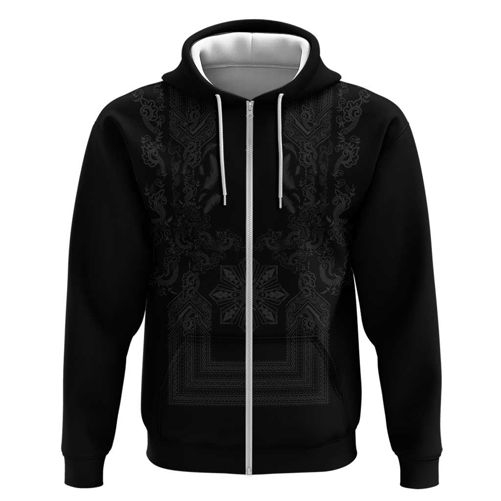 Philippines Barong Style Zip Hoodie with Polynesian Art and Leaf Motif Black Color LT03 Zip Hoodie Black - Polynesian Pride