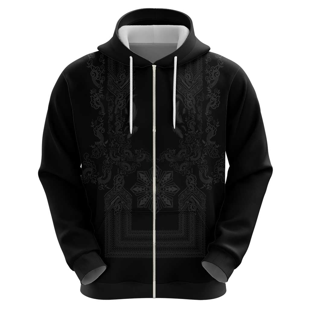 Philippines Barong Style Zip Hoodie with Polynesian Art and Leaf Motif Black Color LT03 - Polynesian Pride