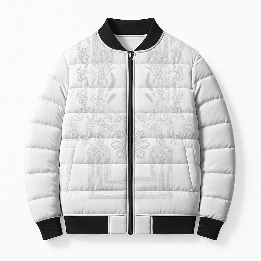 Philippines Barong Style Bomber Puffer Jacket with Polynesian Art and Leaf Motif White Color