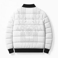 Philippines Barong Style Bomber Puffer Jacket with Polynesian Art and Leaf Motif White Color