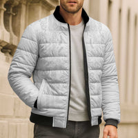 Philippines Barong Style Bomber Puffer Jacket with Polynesian Art and Leaf Motif White Color