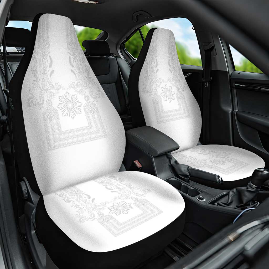 Philippines Barong Style Car Seat Cover with Polynesian Art and Leaf Motif White Color