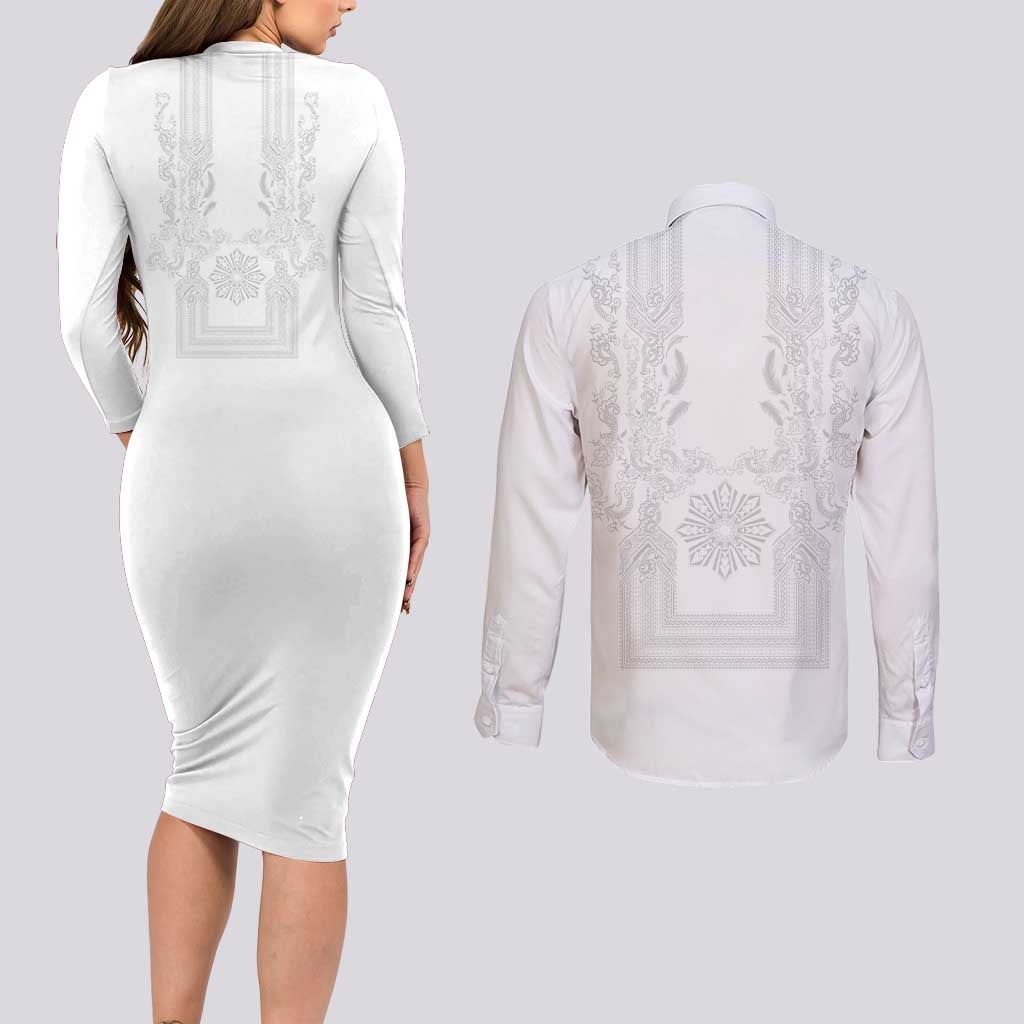 Philippines Barong Style Couples Matching Long Sleeve Bodycon Dress and Long Sleeve Button Shirt with Polynesian Art and Leaf Motif White Color