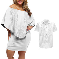 Philippines Barong Style Couples Matching Off Shoulder Short Dress and Hawaiian Shirt with Polynesian Art and Leaf Motif White Color