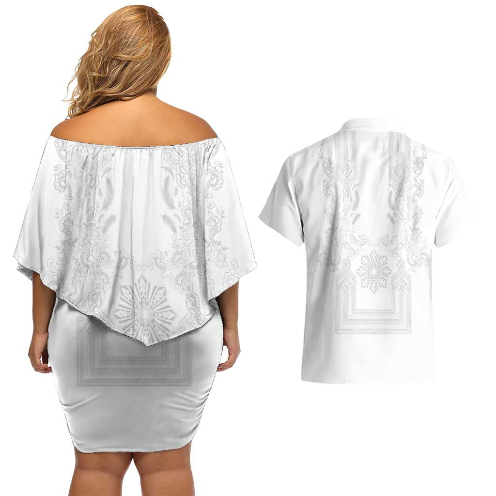 Philippines Barong Style Couples Matching Off Shoulder Short Dress and Hawaiian Shirt with Polynesian Art and Leaf Motif White Color