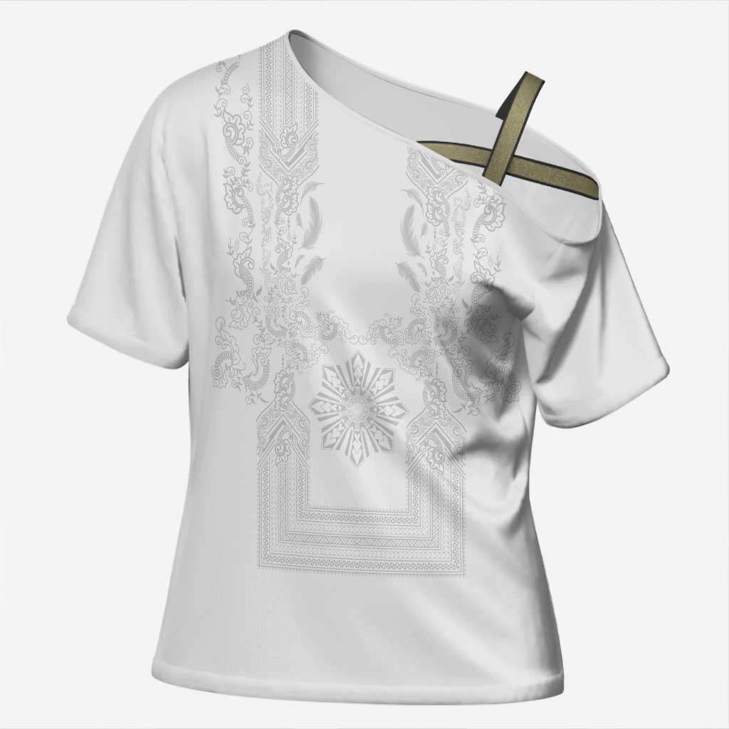 Philippines Barong Style Cross Shoulder Shirt with Polynesian Art and Leaf Motif White Color LT03 Female White - Polynesian Pride