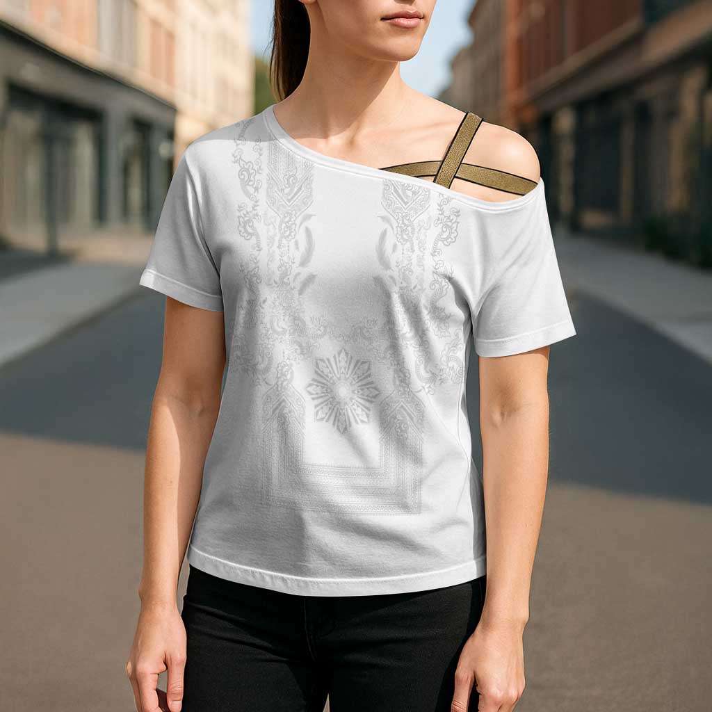 Philippines Barong Style Cross Shoulder Shirt with Polynesian Art and Leaf Motif White Color LT03 - Polynesian Pride
