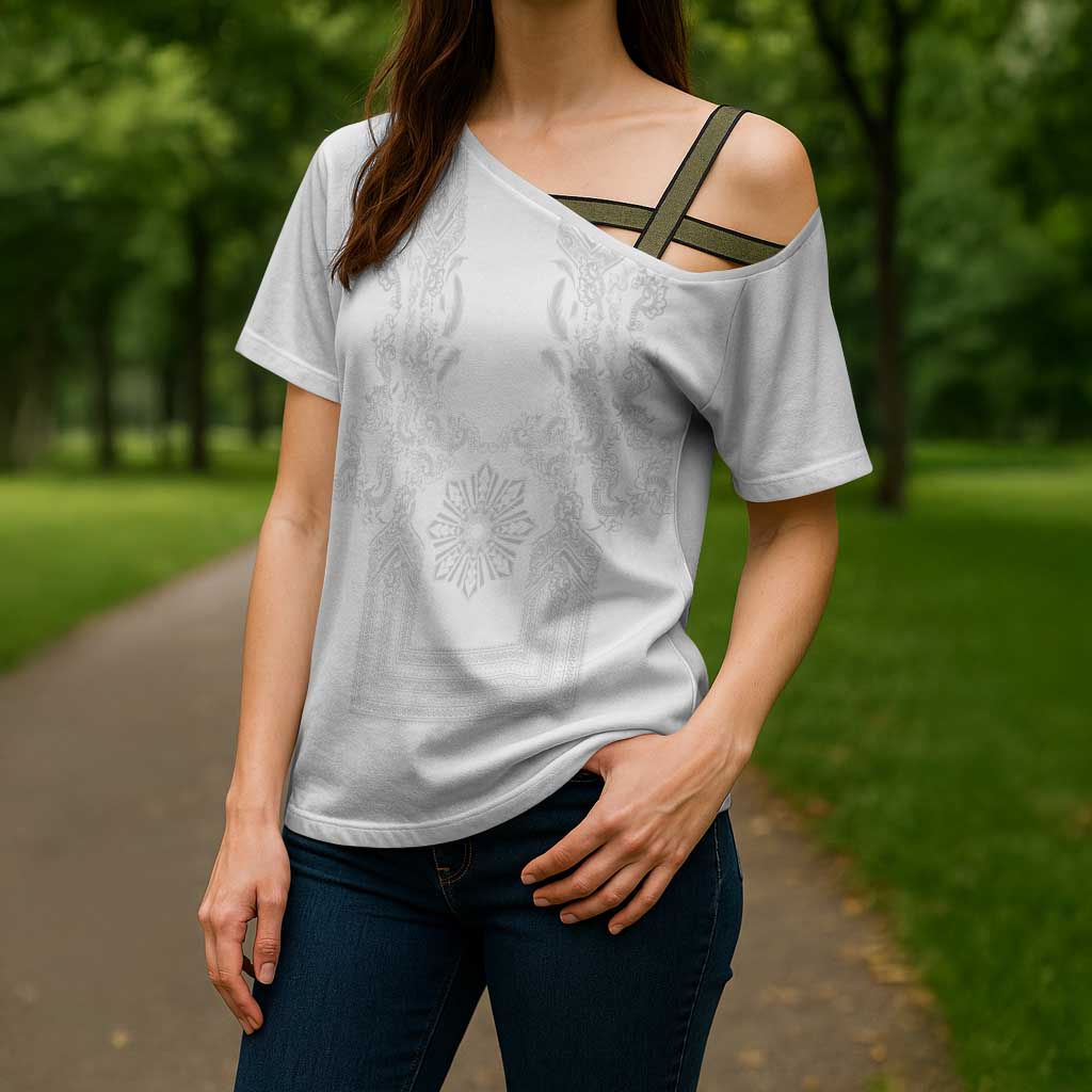 Philippines Barong Style Cross Shoulder Shirt with Polynesian Art and Leaf Motif White Color LT03 - Polynesian Pride