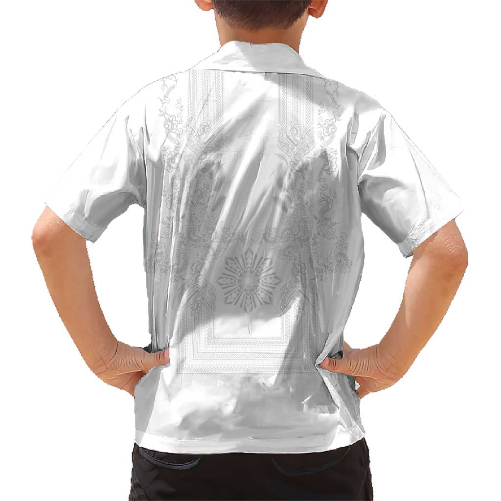 Philippines Barong Style Family Matching Puletasi and Hawaiian Shirt with Polynesian Art and Leaf Motif White Color