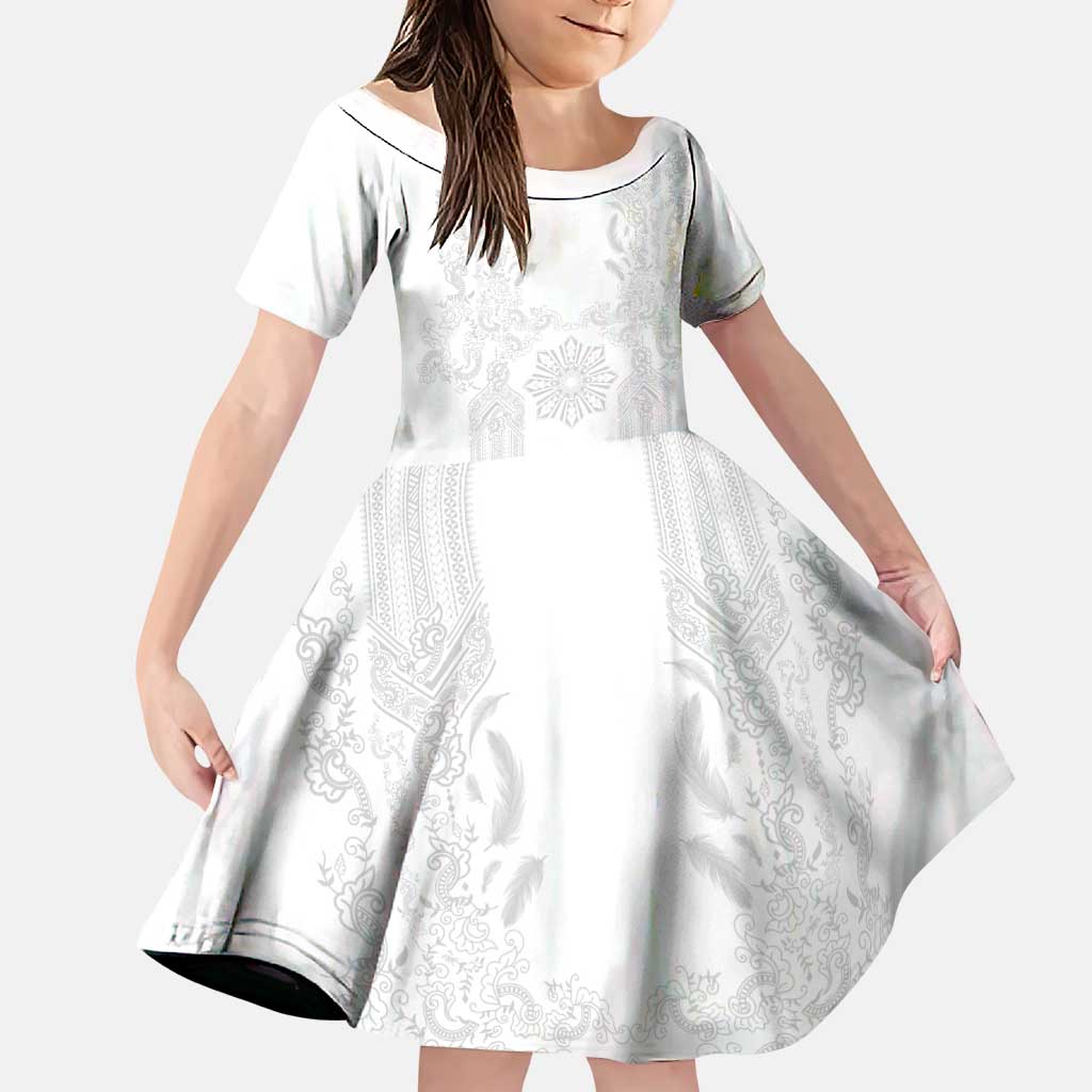 Philippines Barong Style Family Matching Puletasi and Hawaiian Shirt with Polynesian Art and Leaf Motif White Color