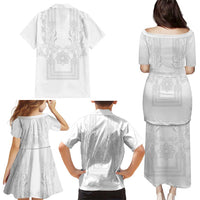Philippines Barong Style Family Matching Puletasi and Hawaiian Shirt with Polynesian Art and Leaf Motif White Color