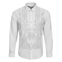 Philippines Barong Style Family Matching Puletasi and Hawaiian Shirt with Polynesian Art and Leaf Motif White Color