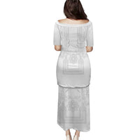 Philippines Barong Style Family Matching Puletasi and Hawaiian Shirt with Polynesian Art and Leaf Motif White Color