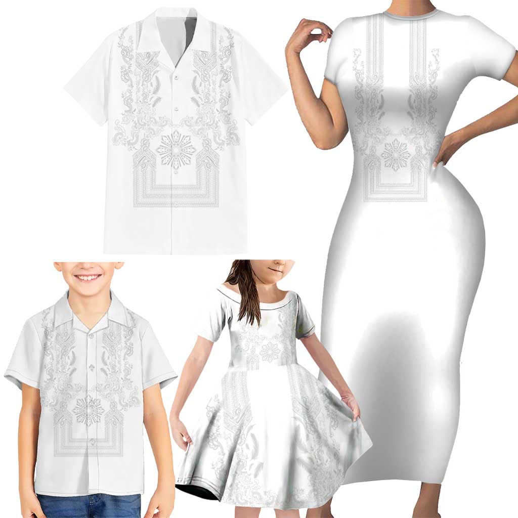 Philippines Barong Style Family Matching Short Sleeve Bodycon Dress and Hawaiian Shirt with Polynesian Art and Leaf Motif White Color LT03 - Polynesian Pride