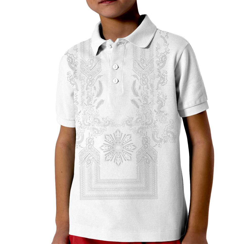 Philippines Barong Style Kid Polo Shirt with Polynesian Art and Leaf Motif White Color
