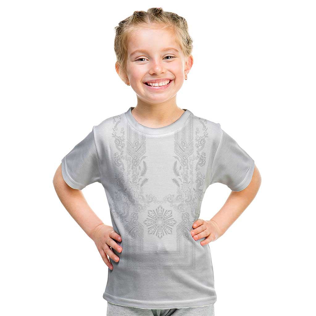 Philippines Barong Style Kid T Shirt with Polynesian Art and Leaf Motif White Color