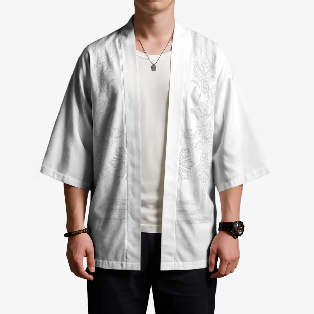 Philippines Barong Style Kimono with Polynesian Art and Leaf Motif White Color